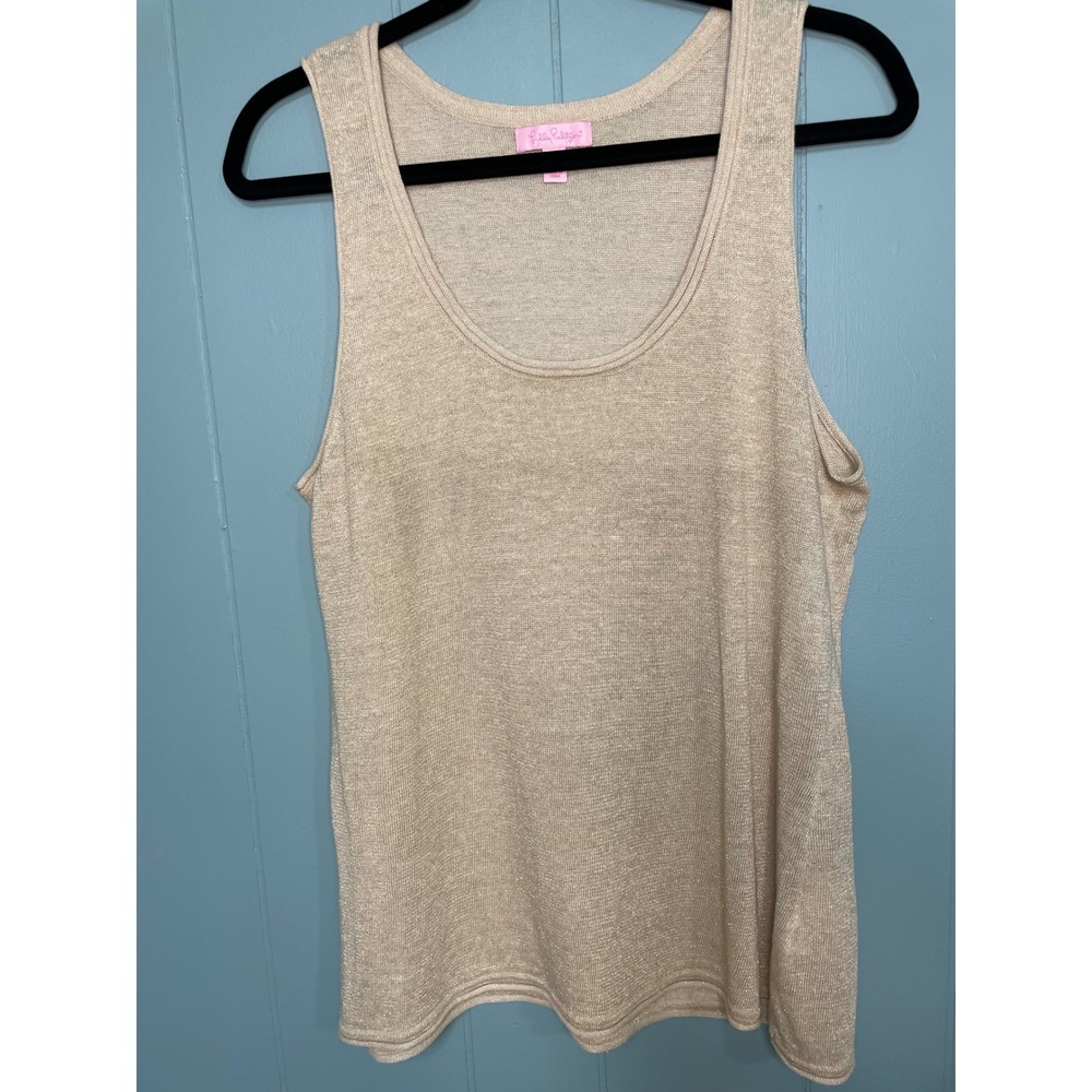 Lilly Pulitzer Tank Top Womens L Gold Excellent Metallic Knit Shimmer Scoop Neck